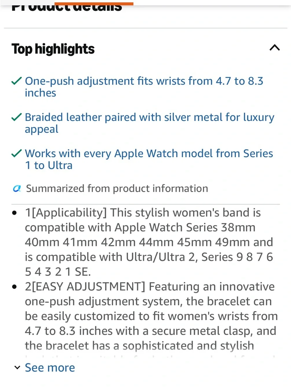 Leather and Metal Band Compatible with Apple Watch Bands for Women, Adjustable D